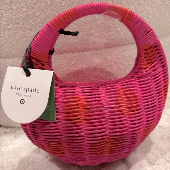 KATE SPADE x Target Pink Wicker Crescent Bag Red Polka Dots Basket Weave  NWT - Picture 5 of 7